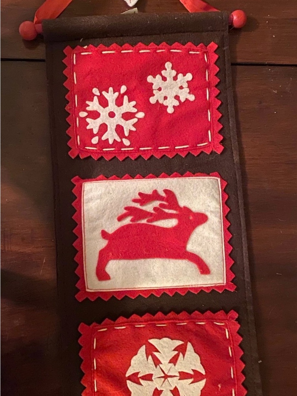 Holiday card holderFelt Wall Hanging - Red and White Reindeer & Snowflake Accent